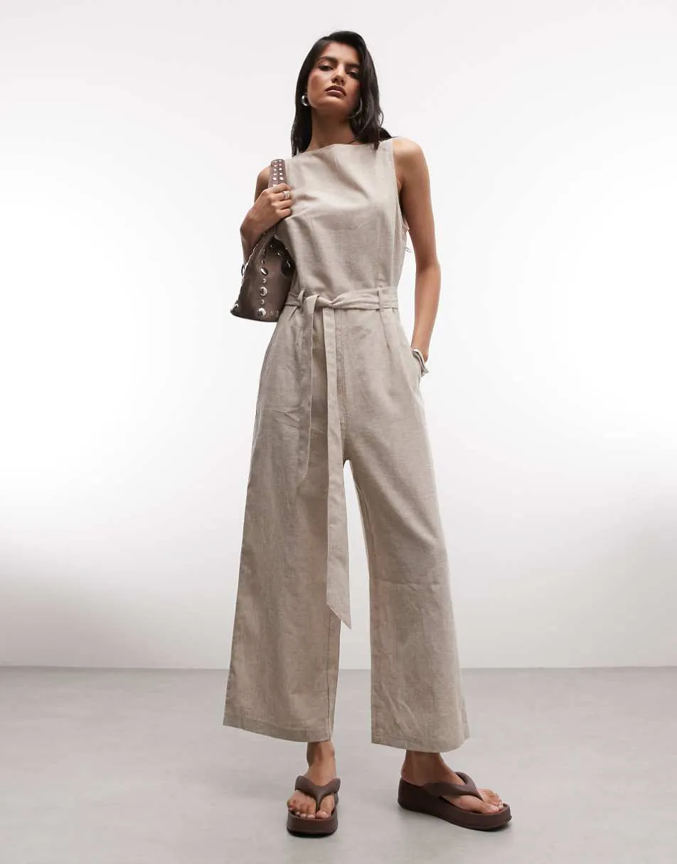 Monki linen sleeveless wide leg jumpsuit with tie belt detail in beige