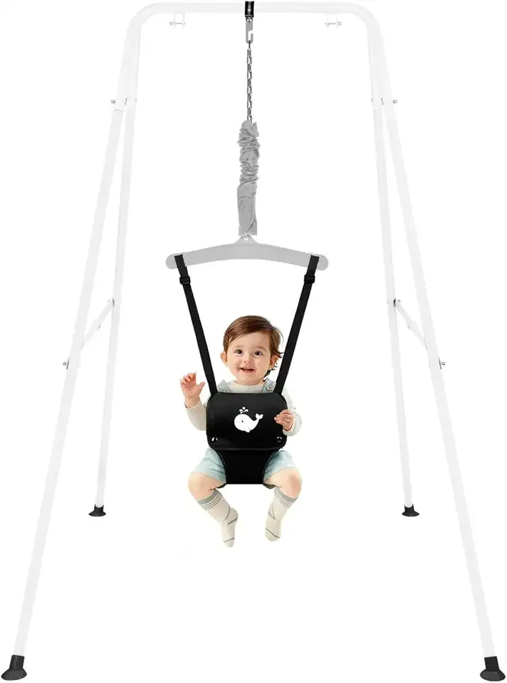 Baby Jumper with Stand, Baby Jumpers and Bouncers for Indoor & Outdoor Play, Swing Set with Stand for 6-24 Months Infant & Toddler Leaning to Walk, Easy to Assemble & Store (Black)