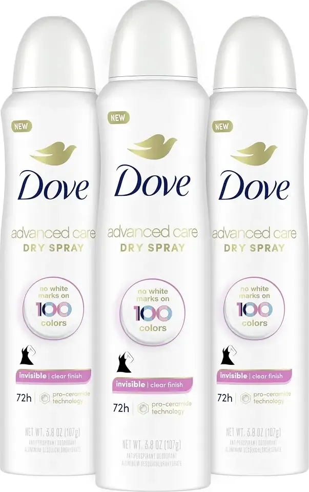 Dove Invisible Antiperspirant Dry Spray Clear Finish 3PK 3.8 oz | Advanced Care Invisible Tested on 100 colors 72-Hour Odor and Sweat Protection with Pro-Ceramide Technology