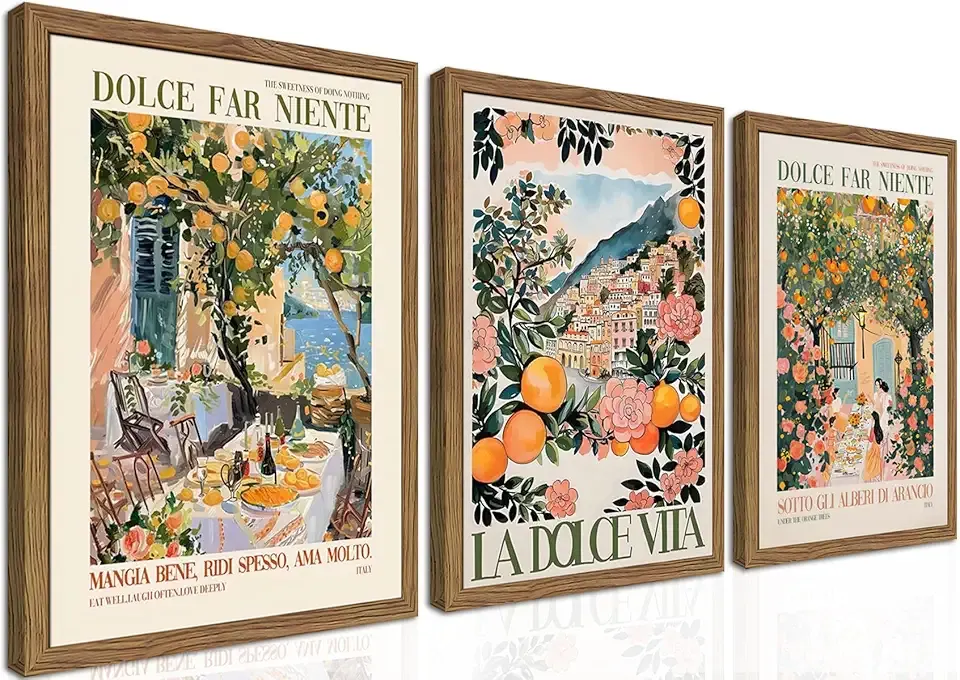 Framed Italian Scenery Wall Art Set of 3, Amalfi Coast Kitchen Wall Art, Vintage City Landscape Canvas Print, Trendy Italian Food Pictures Artwork for Living Room Dining Room – 12x16 inch
