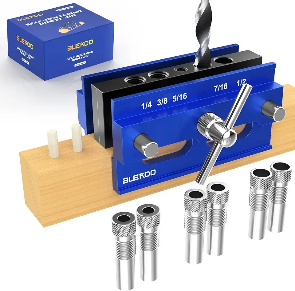 BLEKOO Self Centering Doweling Jig Kit, Drill Jig For Straight Holes Biscuit Joiner Set With 6 Drill Guide Bushings, Adjustable Width Drilling Guide Power Tool Accessory Jigs (Blue)