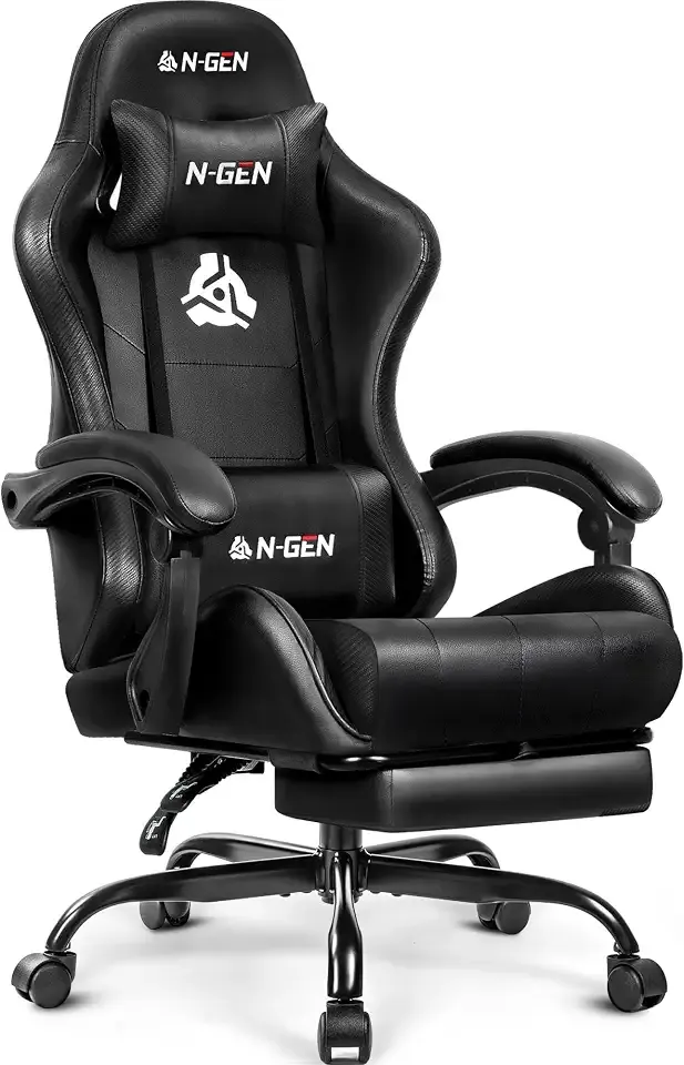 N-GEN GAMING Video Gaming Chair with Footrest Lumbar Support for Home Office High Back Recliner Height Adjustable Ergonomic Comfy Leather Computer Desk Chair (Deep Black)