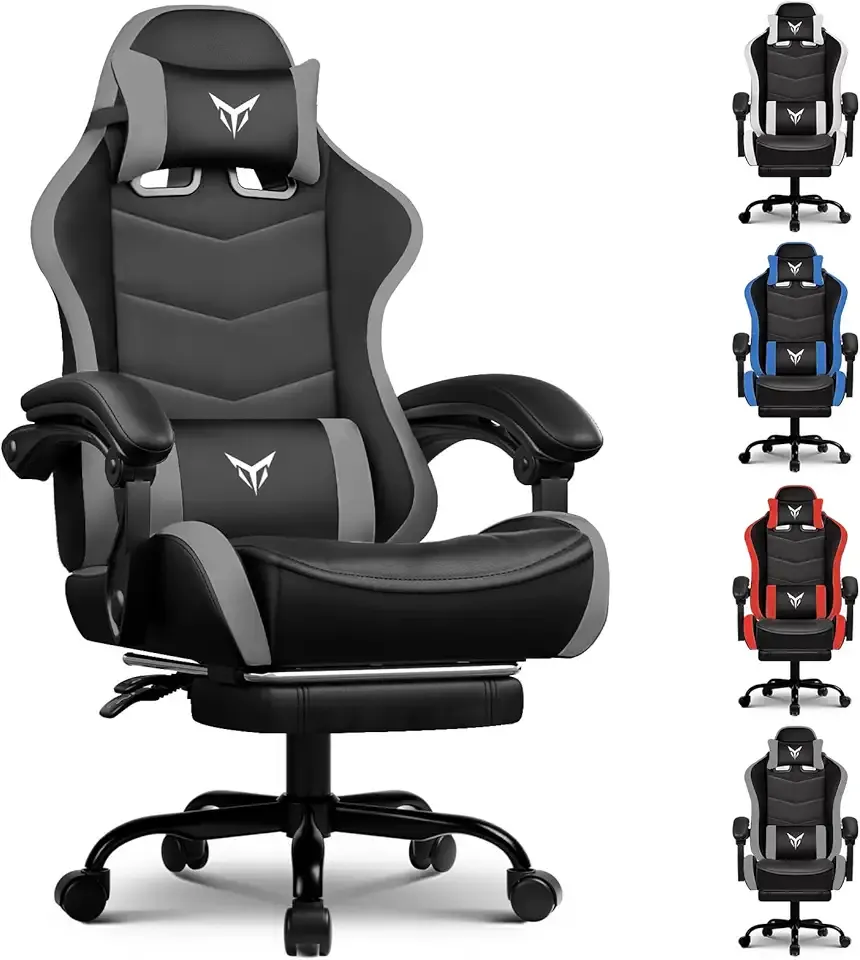 GTPLAYER Gaming Chair with Footrest, Video Game Chairs Racing Style PC Game Chairs 250lbs for Adults - Padded High Back Ergonomic Reclining Silla Gamer, Linkage Armrest, Grey