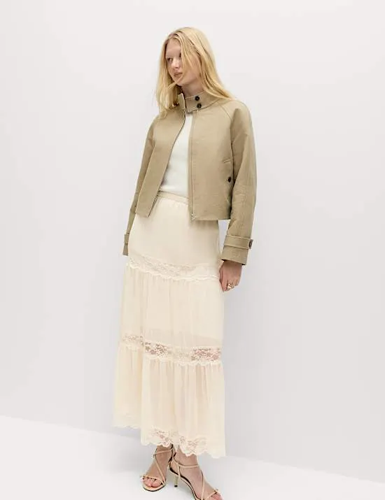 Lace Insert Midi Tiered Skirt