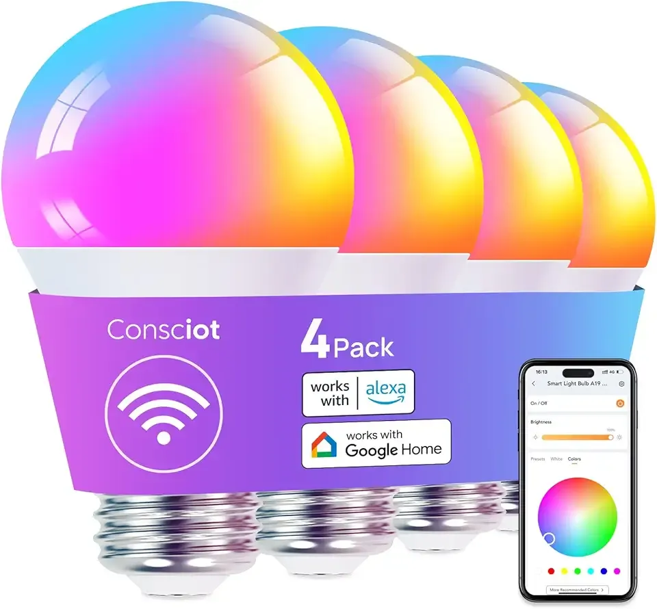 Consciot Smart Light Bulbs, WiFi Color Changing LED Bulb, Compatible with Alexa & Google Home, A19 E26 Smart Bulb, 60 watt Equivalent, Music Sync, Dimmable, 4 Pack