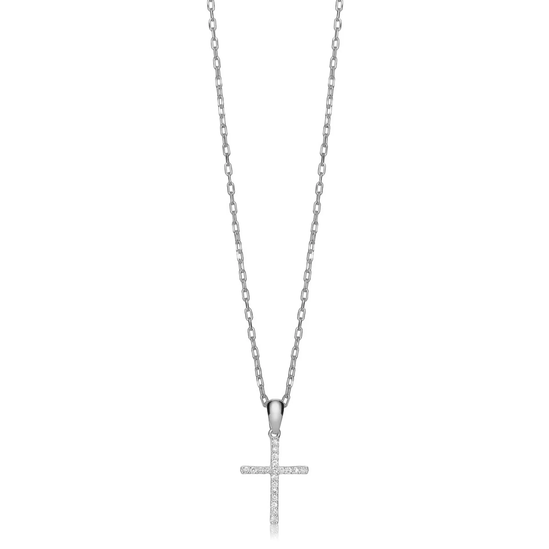 Diamantsmykke med kors i 375 hvitt gull 0,10 ct