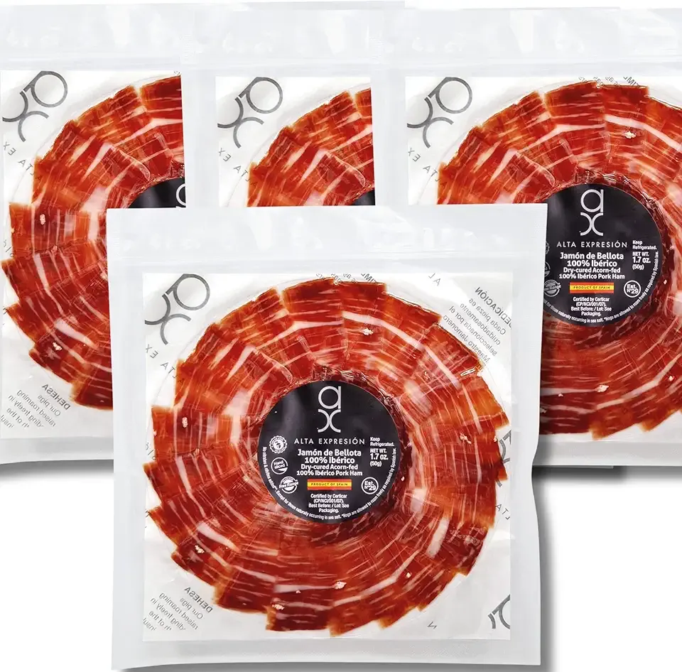 Acorn-Fed 100% Ibérico Ham (Jamón de Bellota) – Hand-Carved Pre-Sliced Round Plate 1.7 oz – Dry-Cured, Sea Salt Only – Product of Spain - Alta Expresion by Covap (4-Pack)