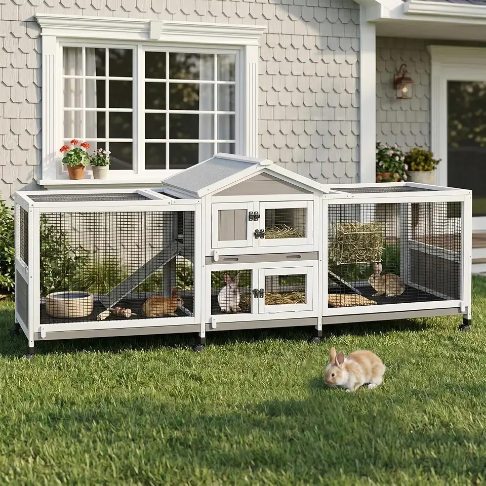 PetsCosset Double Rabbit Hutch Outdoor Indoor Large Bunny Cage with Dual Side Runs, 2-Story Wooden Hutch with 4 Leak Proof Trays, 8 Wheels, Waterproof Roof, Ramp, for Small to Medium Animals