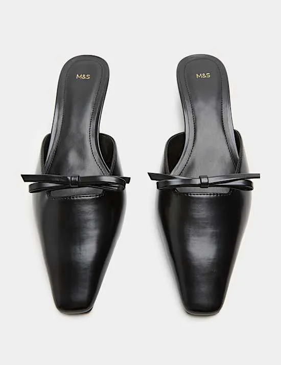 Bow Detail Kitten Heel Square Toe Mules