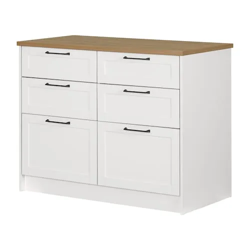 South Shore Toscano 6-Drawer Kitchen Island in White and Maple Nutmeg, 47.25 in. x 23.5 in. x 36.5 in.