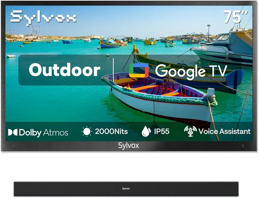 SYLVOX 75" Outdoor TV with Soundbar, 2000 Nits Full Sun Outdoor TV for Outdoor Living Spaces, 4K UHD HDR10, IP56 Weatherproof, Upgraded Matte Anti‑Glare Screen, Dolby Atmos, Smart Google TV