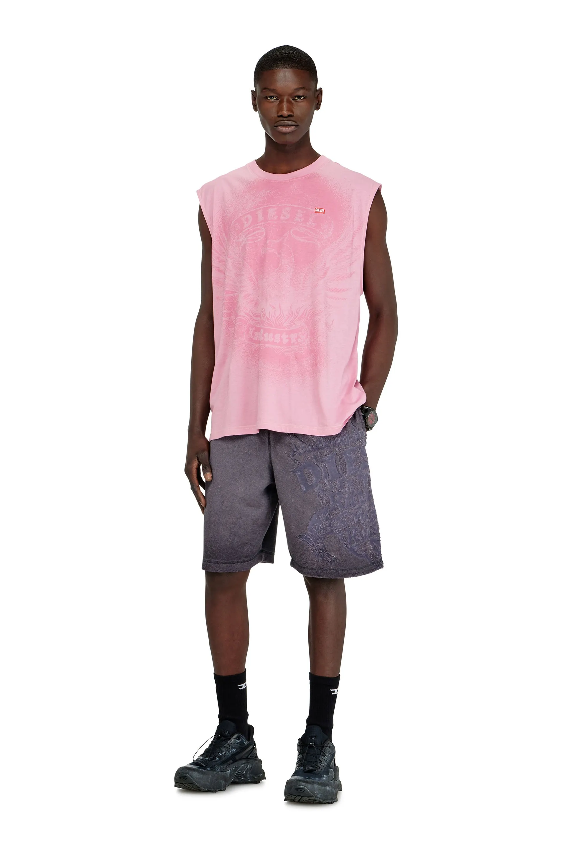 Sleeveless top in cotton with tonal graphic