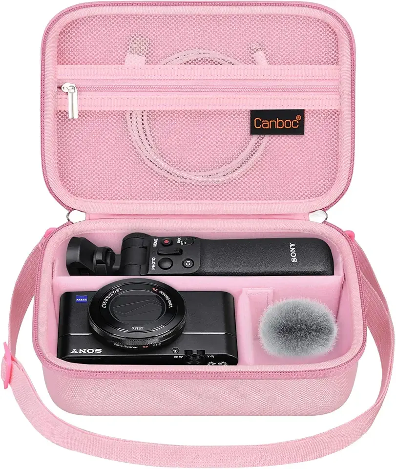 Canboc Carrying Camera Case for Sony ZV-1F/ ZV-1/ ZV-1II Vlog Digital Camera & Vlogger Accessory Kit Tripod, Travel Storage Bag with Strap, Mesh Pocket fit Cable, Pink