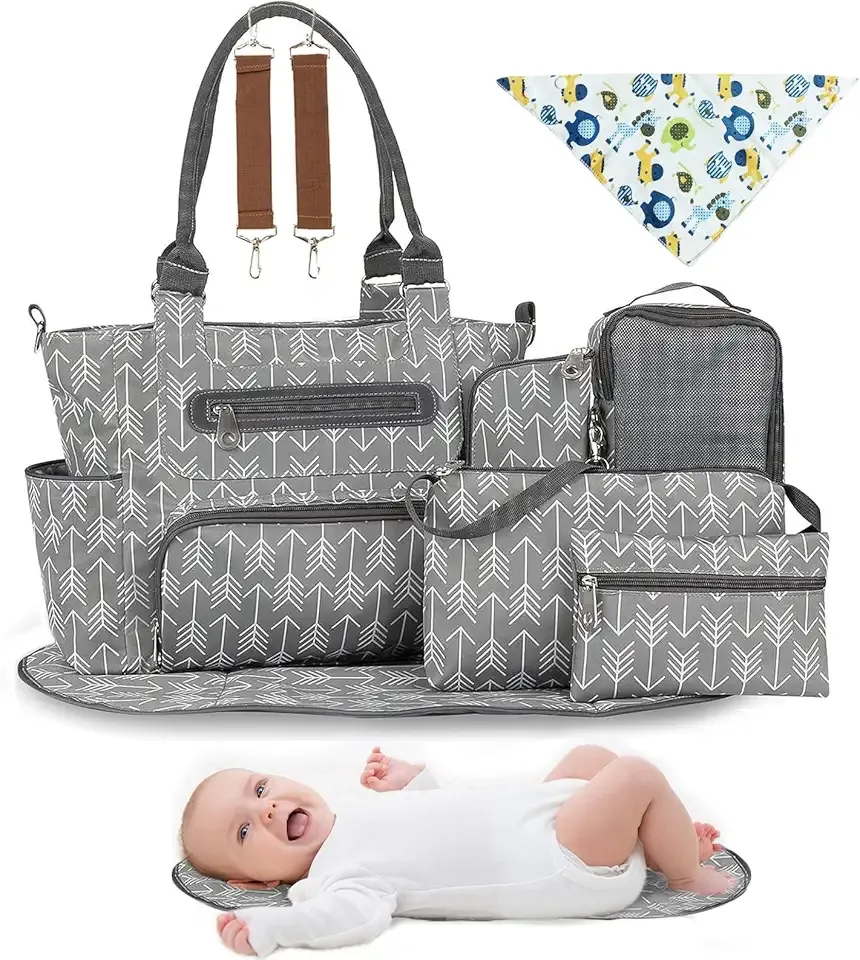 Moclever 8pc Diaper Tote Set, Baby Essentials with Multifunctional Diaper Bags, Bottle & Mesh Bag