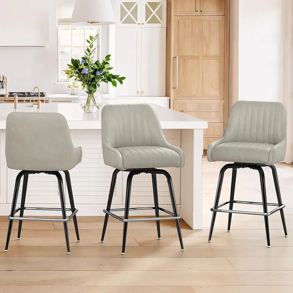 LUE BONA Counter Height Bar Stools Set of 3, 26" H Modern Barstools with Backs, Metal Frames and LightGrey Faux Leather Upholstered Accent Bar Stools for Kitchen Island