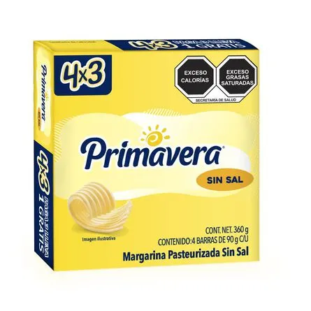 Margarina sin Sal Primavera 4 barras de 90 gr c/u