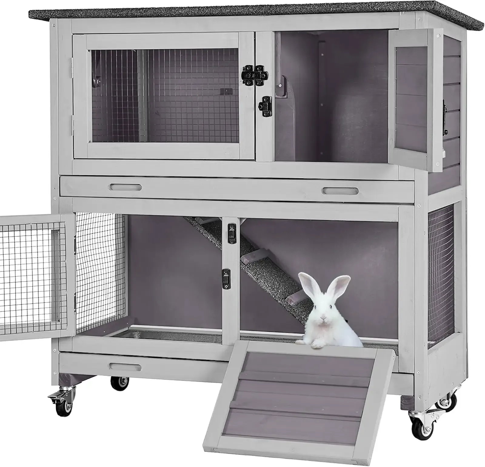 Rabbit Hutch Indoor Outdoor, Bunny Cage with Casters, Guinea Pig Cage Bunny Hutch with Two Plastic Trays 36inch