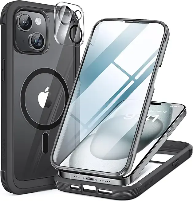 Miracase Glass Series for iPhone 15 Case [Compatible with MagSafe] Full-Body Magnetic Bumper Case with Built-in 9H Tempered Glass Anti-Fingerprint Screen Protector + Camera Lens Protector, Black