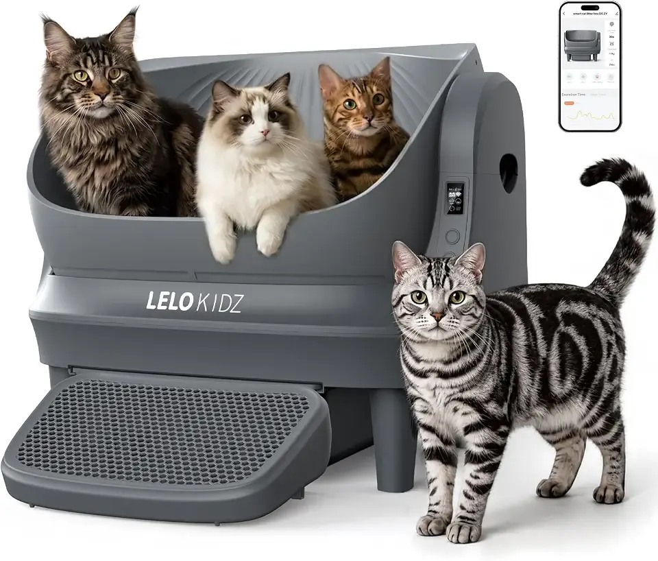 Self Cleaning Litter Box, Open Top 105L Automatic Litter Box for Multiple Cats, App Control, Safety Sensor, Anti-Pinch, Includes Mat & Liner - Gray