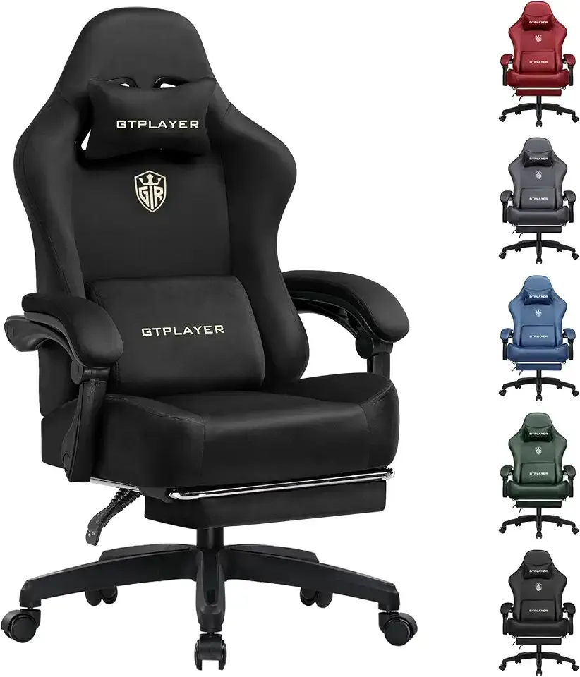 GTPLAYER Gaming Chair Fabric with Pocket Spring Cushion, Big and Tall Gamings Chairs 350LBS High Back Computer Chair with Footrest for Adults Lumbar Support Swivel Game Chair for Office Light Black