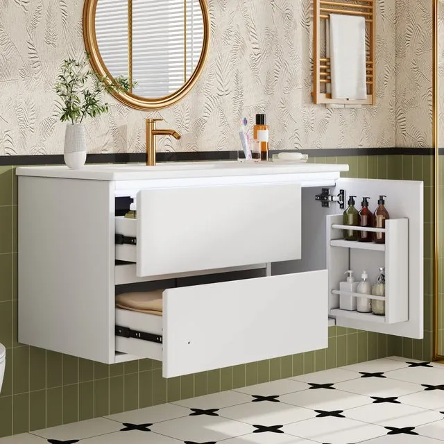 Mueble bajo lavabo suspendido de 91,5 × 46,5 × 50,5 cm, acabado lacado de alta calidad, iluminación LED con sensor de movimiento, cerámica, blanco