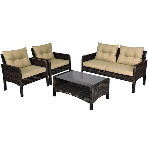 4PCS Patio Rattan Furniture Set Loveseat Sofa Coffee Table Garden W/Beige Cushion