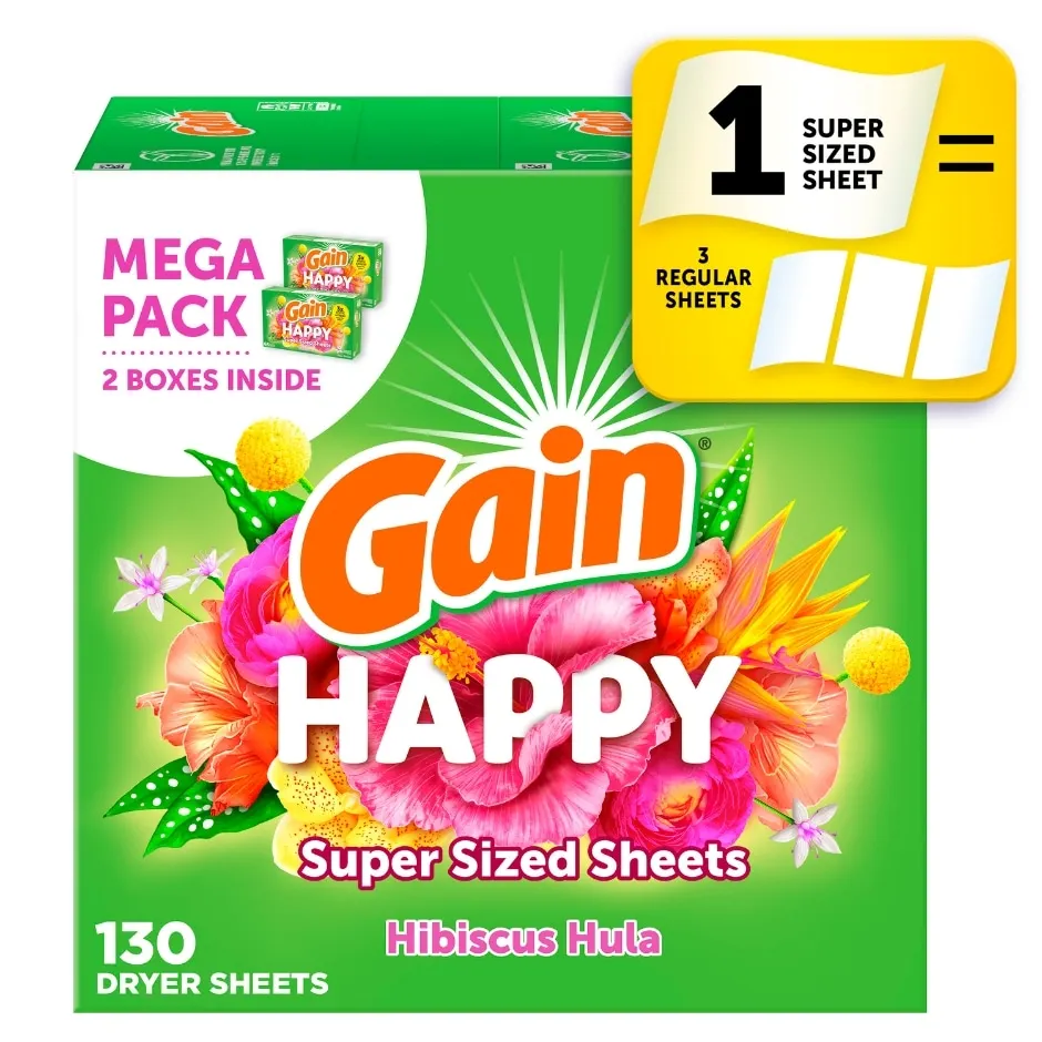 Gain Super Sized Dryer Sheets, Laundry Fabric Softener, Happy, 130 Count
