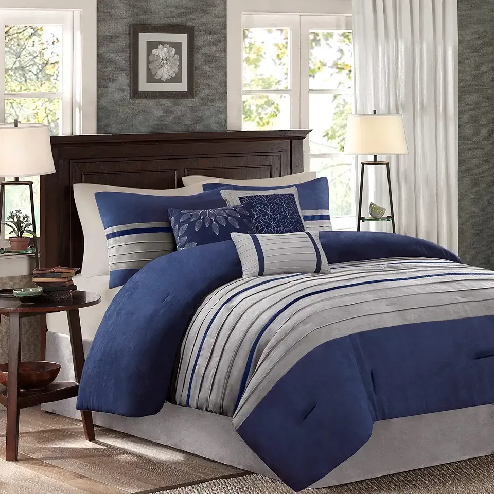 Madison Park Palmer Comforter Set-Luxury Faux Suede Design, Striped Accent, All Season Down Alternative Bedding, Matching Shams, Decorative Pillow, Bed Skirt, King (104 in x 92 in), Blue 7 Piece
