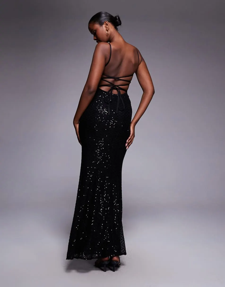 ASOS DESIGN embellished grid sequin lace up back maxi dress in black