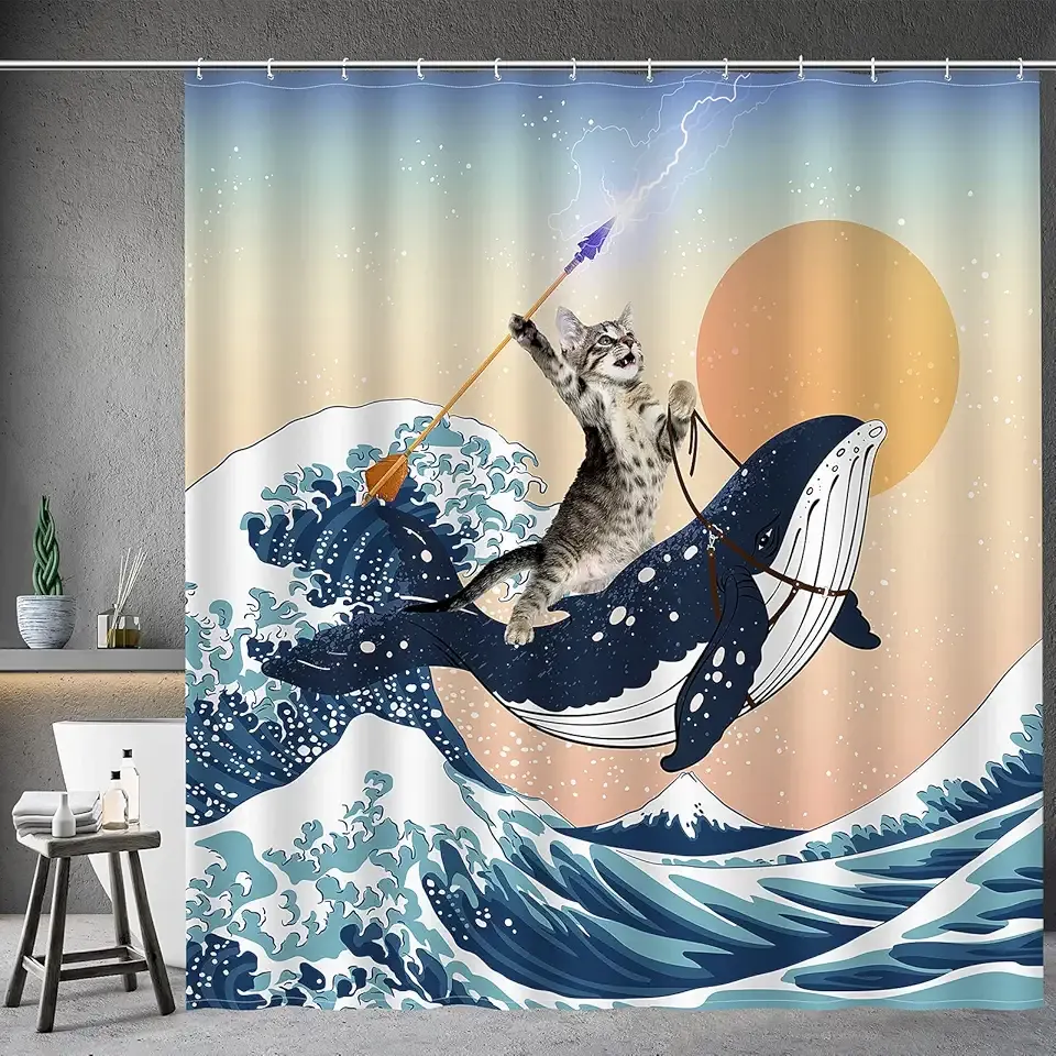 Aimego Funny Shower Curtain Brave Cat Holding Trident Riding Whale in Ocean Wave, Shark Cat Shower Curtain Set with 12 Hooks for Bathroom Decor Accessories Bathtub Curtain, 72"x72"
