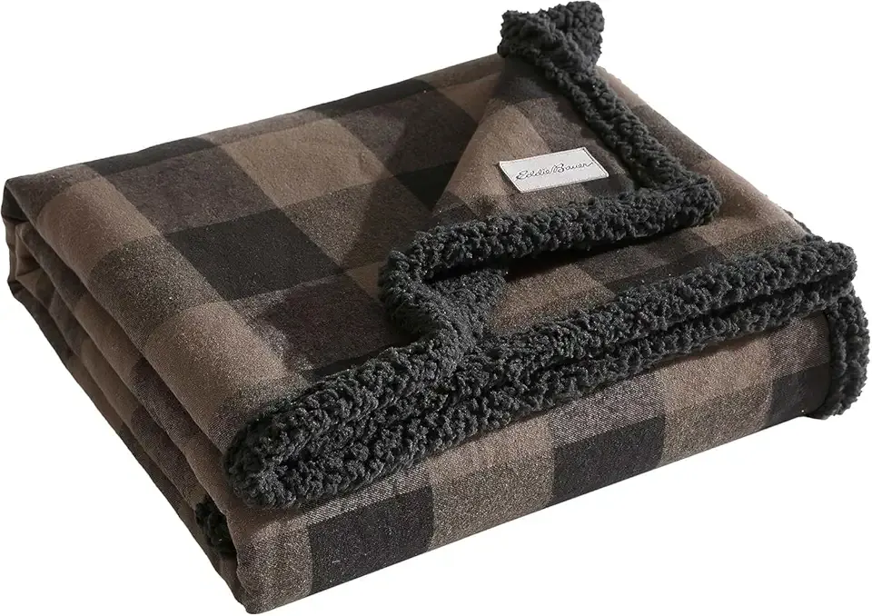 Eddie Bauer - Throw Blanket, Yarn Dyed Cotton Bedding with Solid Ultra-Soft Sherpa Reverse, Throw Blanket for Couch & Bed (Cabin Plaid Brown, 50" x 60")