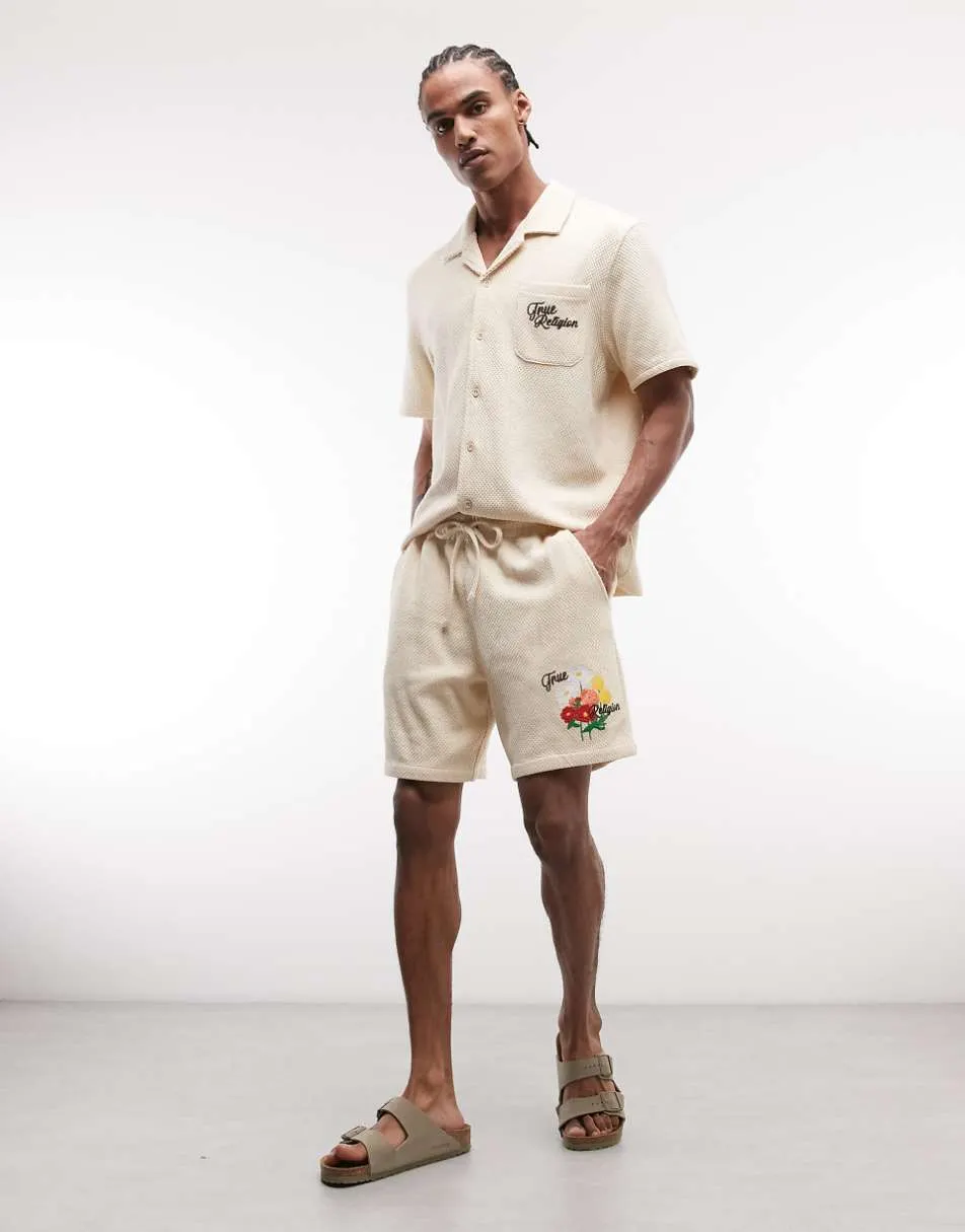True Religion knitted blooms short co-ord in bleached sand