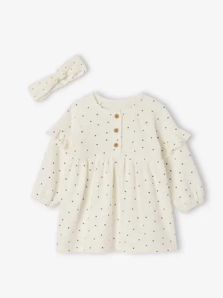 Ensemble naissance robe + bandeau imprimés coeurs - écru