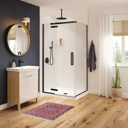 Davana 42L x 34W x 78H in. 2-in-1 Corner Shower Kit - Shower Enclosure with Centre Drain Shower Base and Glass Shower Door in Black (No Wall)