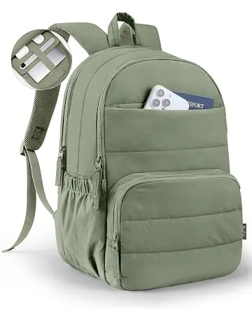 Uselike Travel Backpack for Women, 15.6 Inch Laptop Backpack, Quilted College Bookbag, Cute Work Backpacks, Water Resistant (Sage Green)