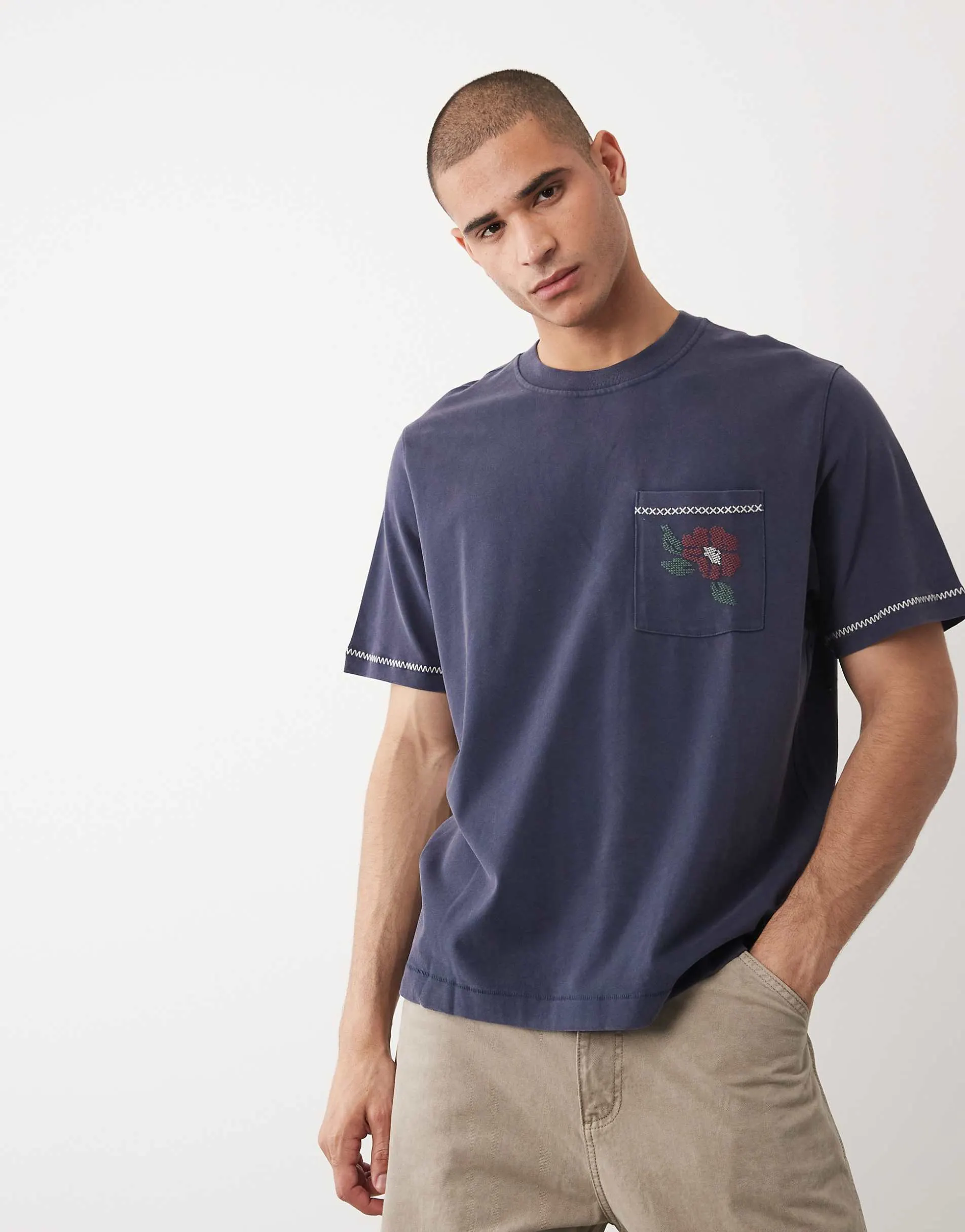 Abercrombie & Fitch premium heavyweight t-shirt with embroidered detail in washed navy