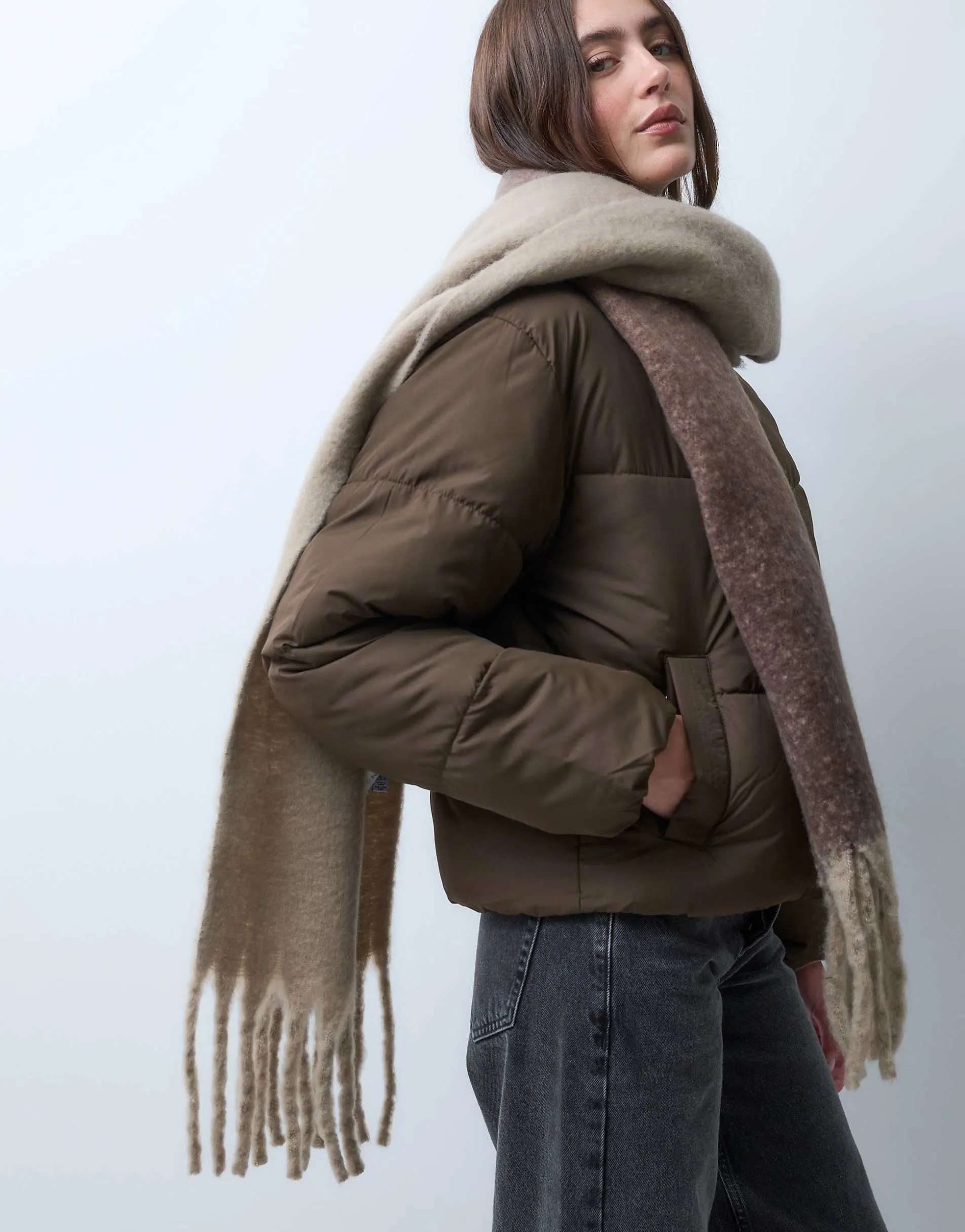 Pieces super soft tassel scarf in brown ombre