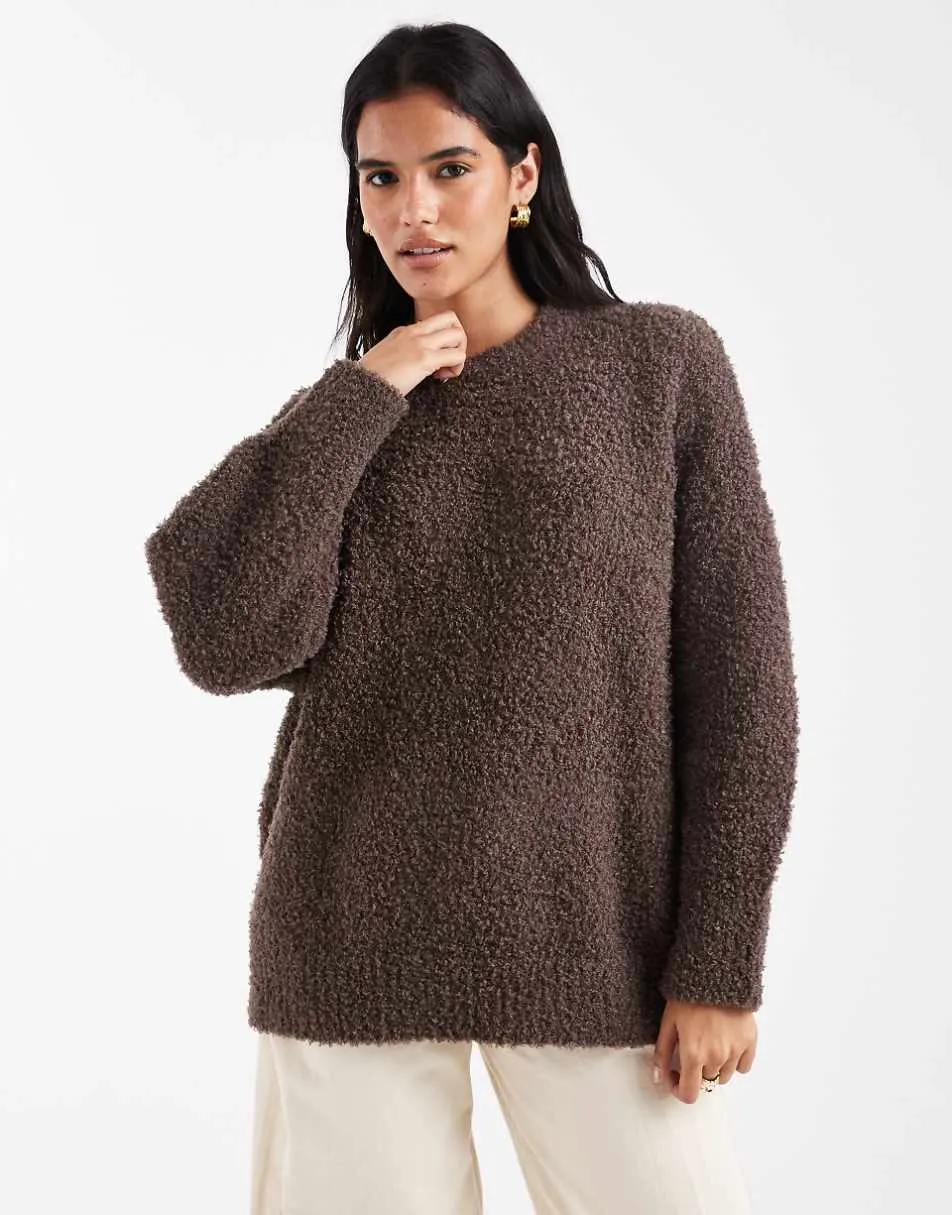 ASOS DESIGN oversized boucle jumper with curved hem in chocolate