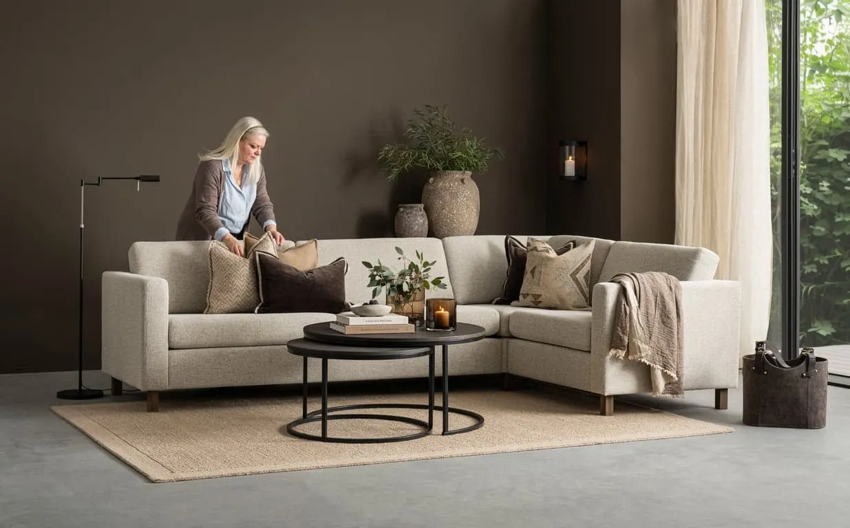 Hjellegjerde Basic hjørnesofa Modulsofa. 3,5 seter duo-hjørne 90-1,5 seter, armlen nr 2, stoff Noelle 30, Mocca ben
