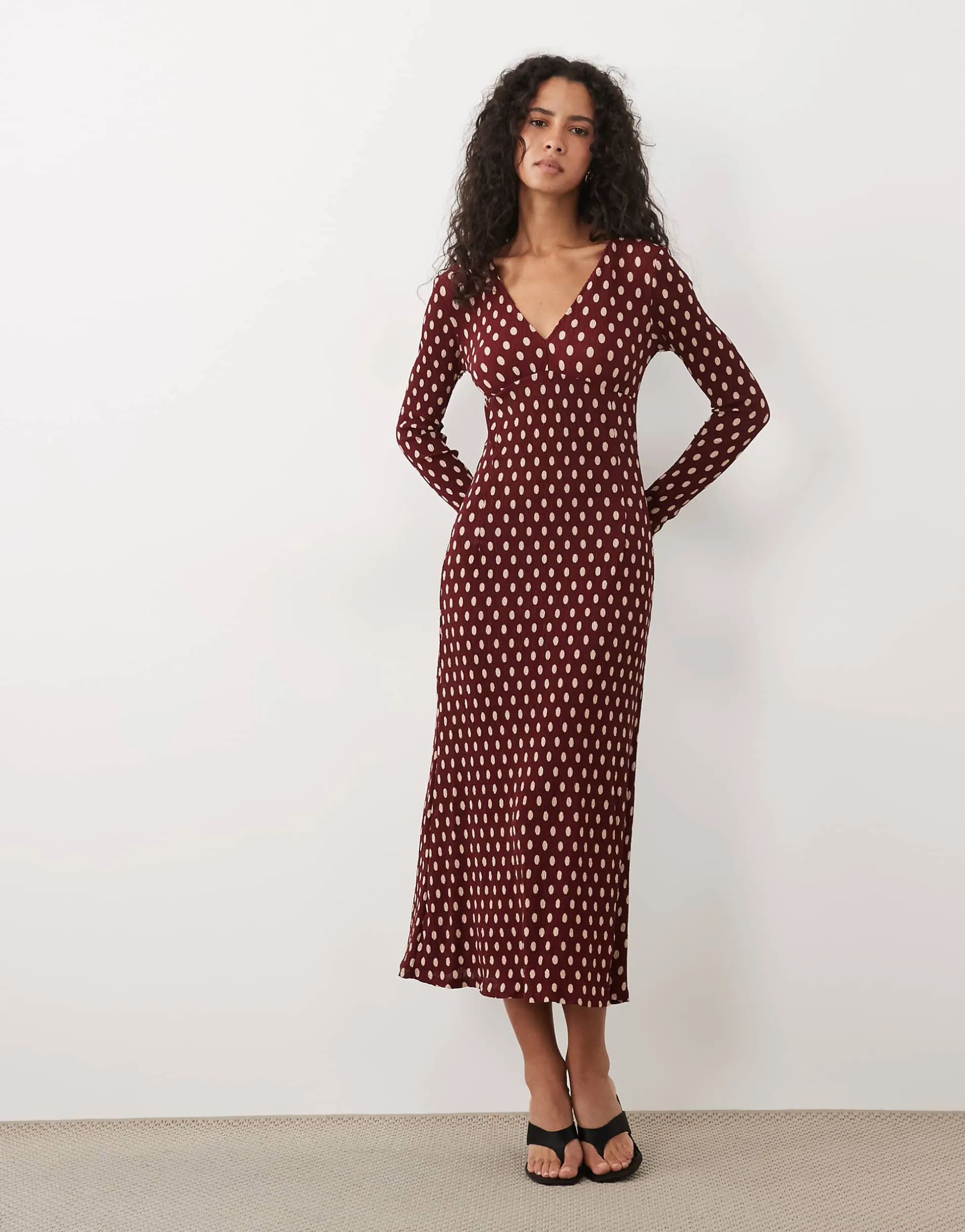 Mango plisse v neck long sleeve midi dress in maroon polka dot print