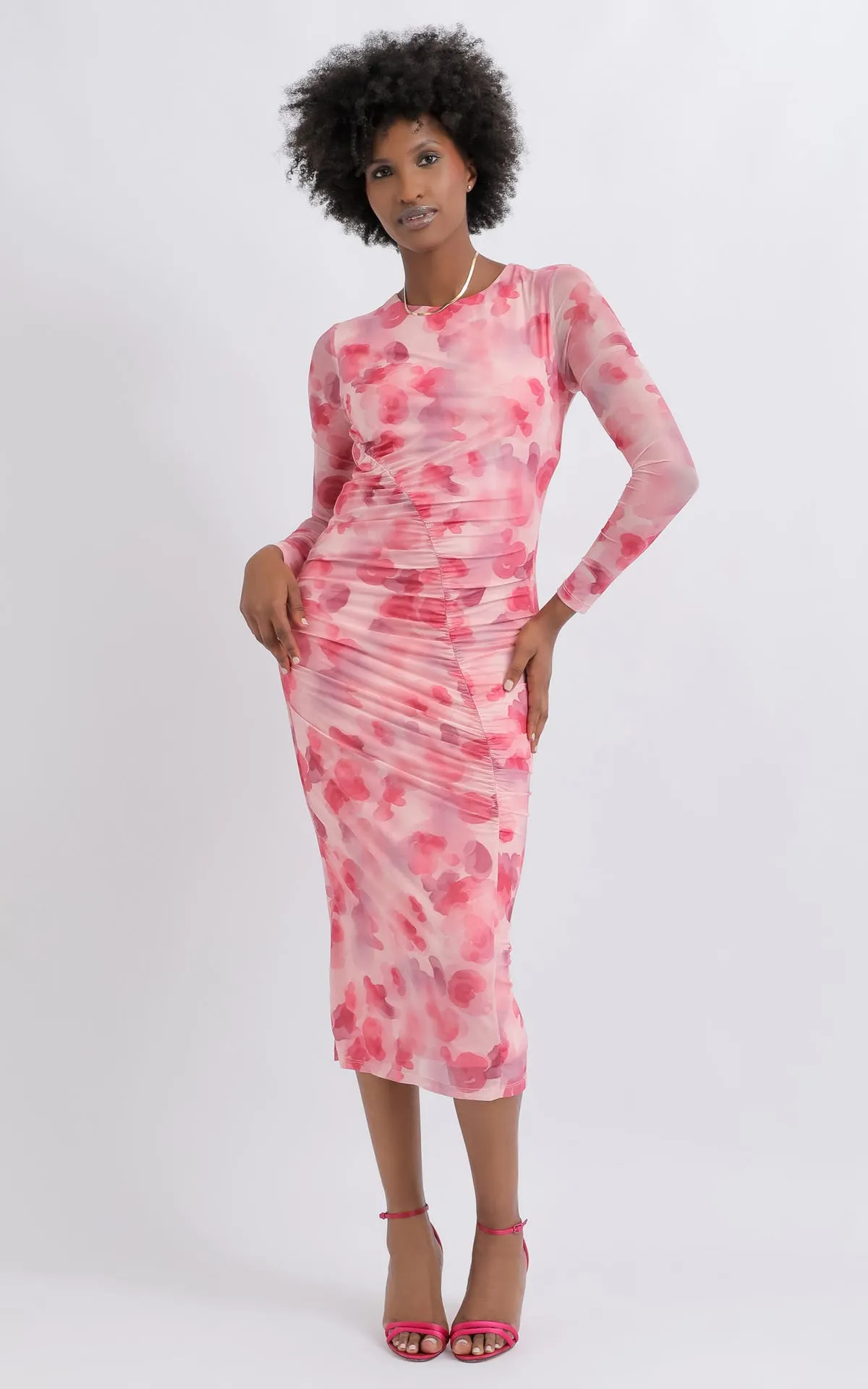 Ptd Mesh Diagonal Ruched Midi Dress