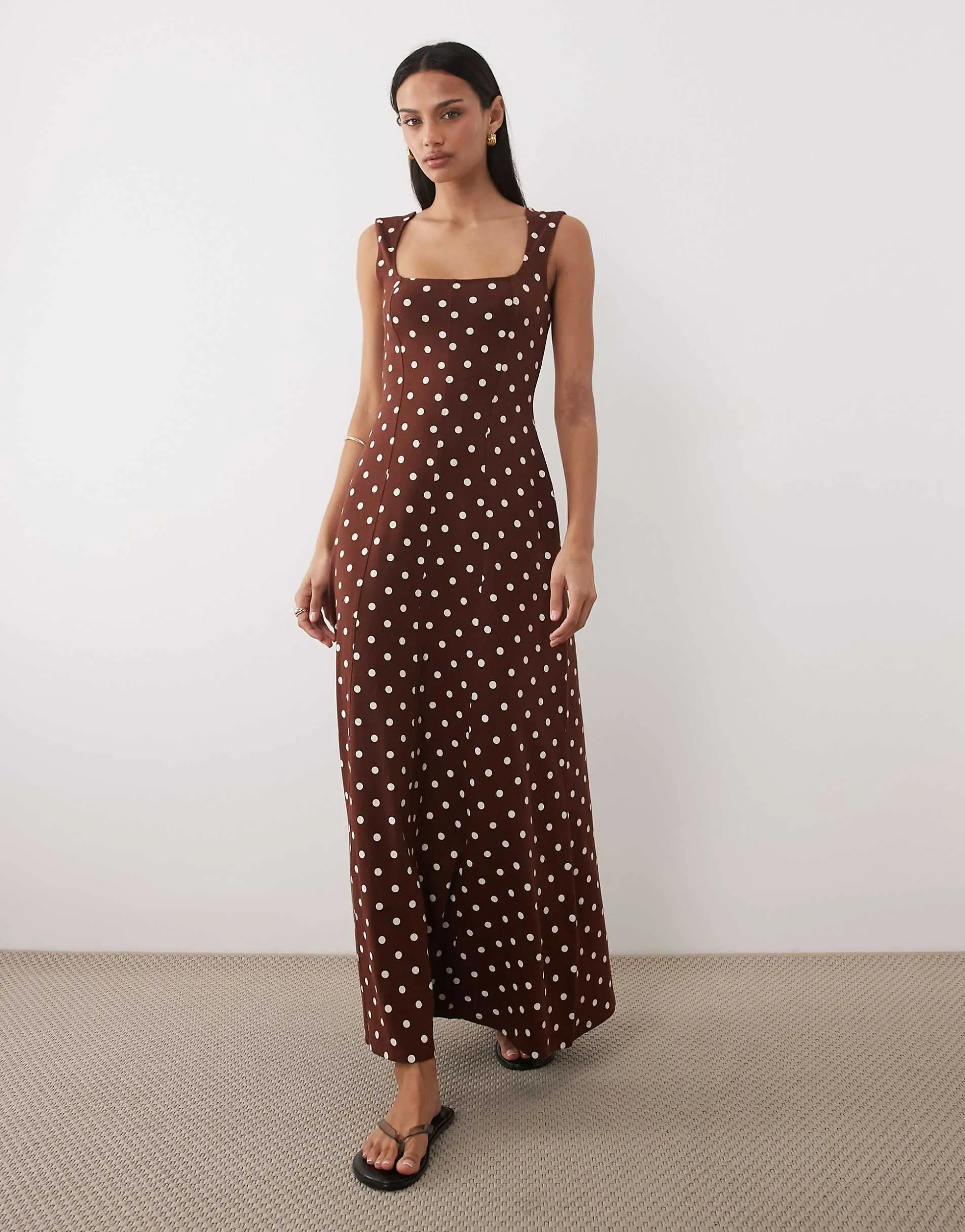 ASOS DESIGN square neck seam detail midi dress in chocolate polka dot