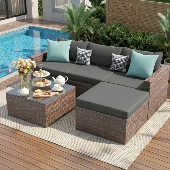 Best seller UDPATIO 5-Piece Patio Furniture Set,Outdoor Patio Furniture Set All-Weather Rattan Wicker Patio Conversation Set with Ottoman, Cushions & Glass Table for Garden & Backyard, Gray $169.99 Was $459.99