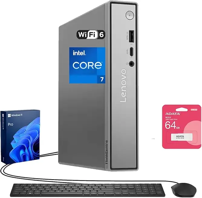 Lenovo ThinkCentre Neo 50q Business Mini Desktop, Intel Core 7 240H, 32GB DDR5, 1TB SSD, DP, HDMI, Support 3-Monitor 4K, Type-C, Wired KB & Mouse, Wi-Fi 6, Windows 11 Pro, 64GB Flash Drive Bundle