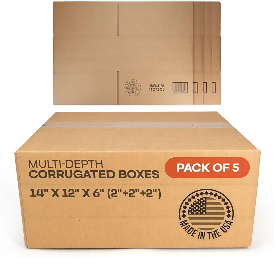 Multi-Depth Corrugated Shipping Boxes, 14"L x 12"W x 6"H, Pack of 5 - USA-Made Boxes for Moving, Storage & Small Business Packaging - Heavy-Duty Cardboard Bines for Household & Office by IDL Packaging
