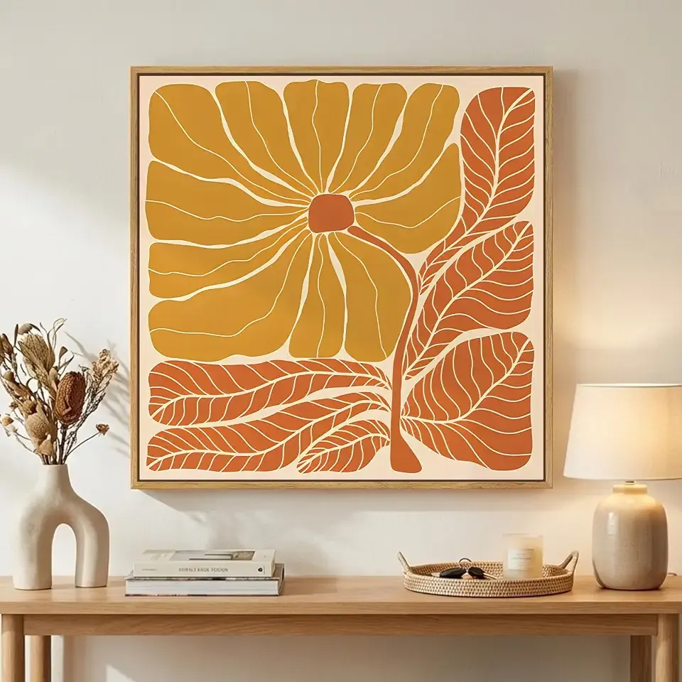 Framed Modern Boho Abstract Floral Wall Art for Living Room, 24x24 Inch | Square canvas print, Bohemian abstract floral, Mid century modern picture, Neutral flower artwork, Orange, Bedroom wall art