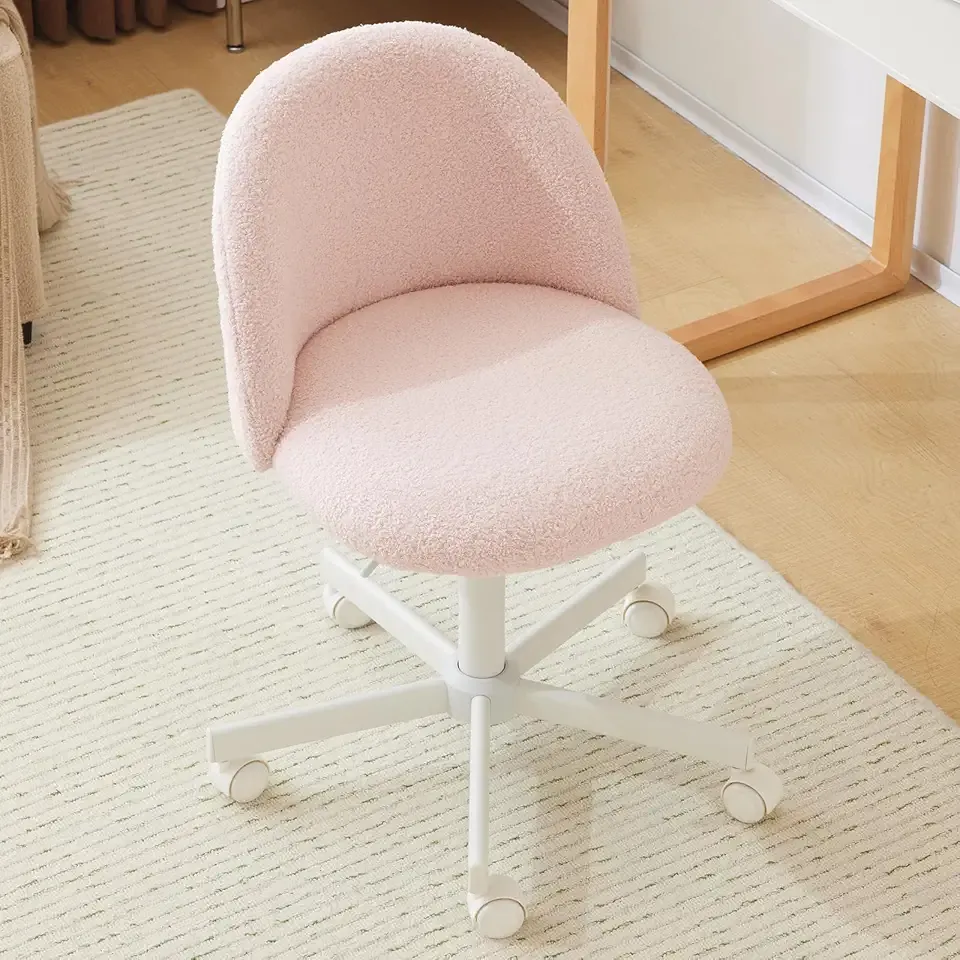 VINGLI Cute Candy Chair Armless Comfy Small Office Desk Vanity Chair with Wheels & Lumbar Support,Teddy Adjustable Rolling Swivel Computer Task Ch for Home Office,Bedroom,Gentle Pink