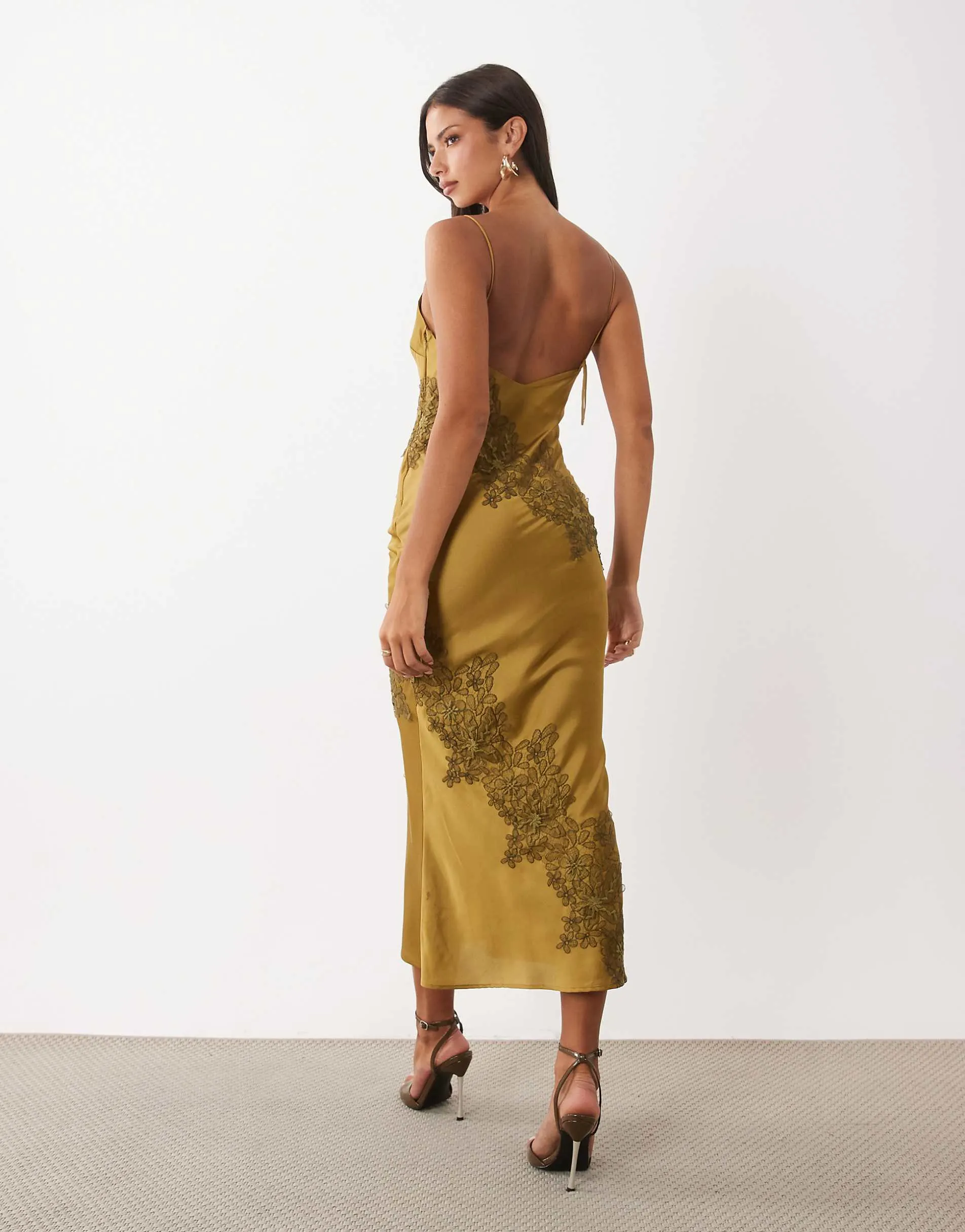 ASOS DESIGN lace applique satin maxi slip in olive green