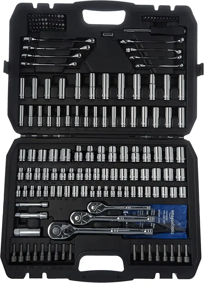 Amazon Basics Mechanic's Socket Tool Set With Case, SAE and Metric Sizes, 201-Piece