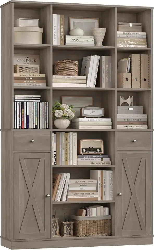 HOSTACK 74" Tall Book Shelf and Bookcase, 45" Wide Bookcase with Doors and Drawers, Modern 6 Tier Bookshelf with Storage, Large Wood Display Cabinet with Adjustable Shelves for Home Office, Ash Grey